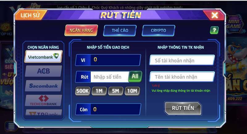 Các thao tác rút tiền khi chơi game mậu binh ăn tiền thật