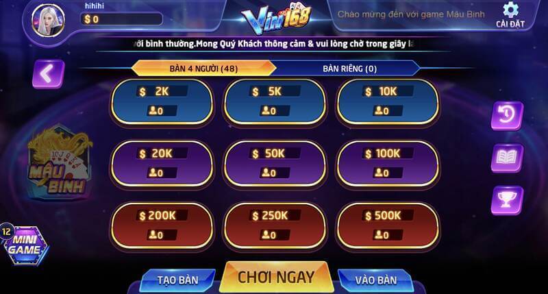 Sảnh game rộng với mức cược đa dạng tại Mậu Binh Vin168