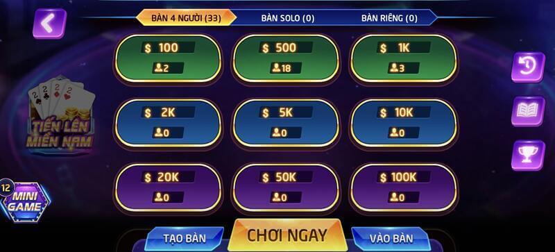 Game bài Tiến lên online Vin168 có đa dạng mức cược